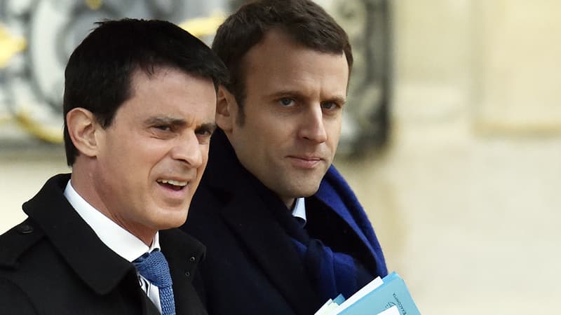 Manuel Valls et Emmanuel Macron à l'Elysée le 9 mars 2016.