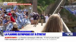 La flamme olympique descend la falaise d'Aval pour arriver à Étretat