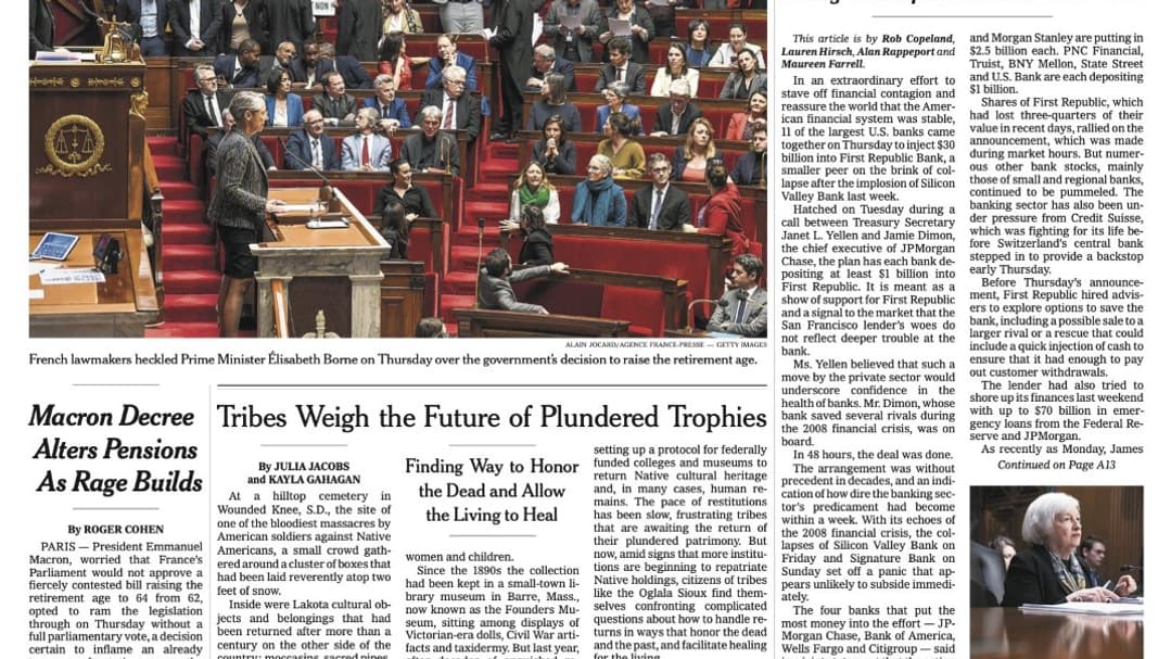 La une du New York Times du 17 mars 2023 