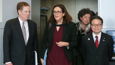 De gauche à droite : Robert Lighthizer, Cecilia Malmström,Hiroshige Seko.