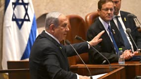 Le Premier ministre israélien Benjamin Netanyahu s'exprime à l'ouverture de la 25e session du Parlement à Jérusalem, le 28 octobre 2024.