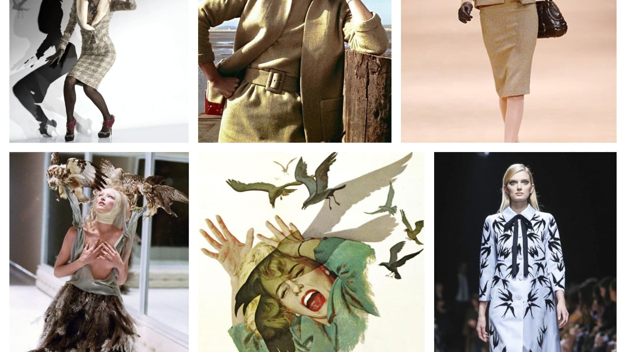Un extrait et l'affiche des Oiseaux (centre). Des défilés Galliano, Alexander McQueen, Rochas. Un extrait et l'affiche des Oiseaux (centre). Des défilés Galliano, Alexander McQueen, Rochas.