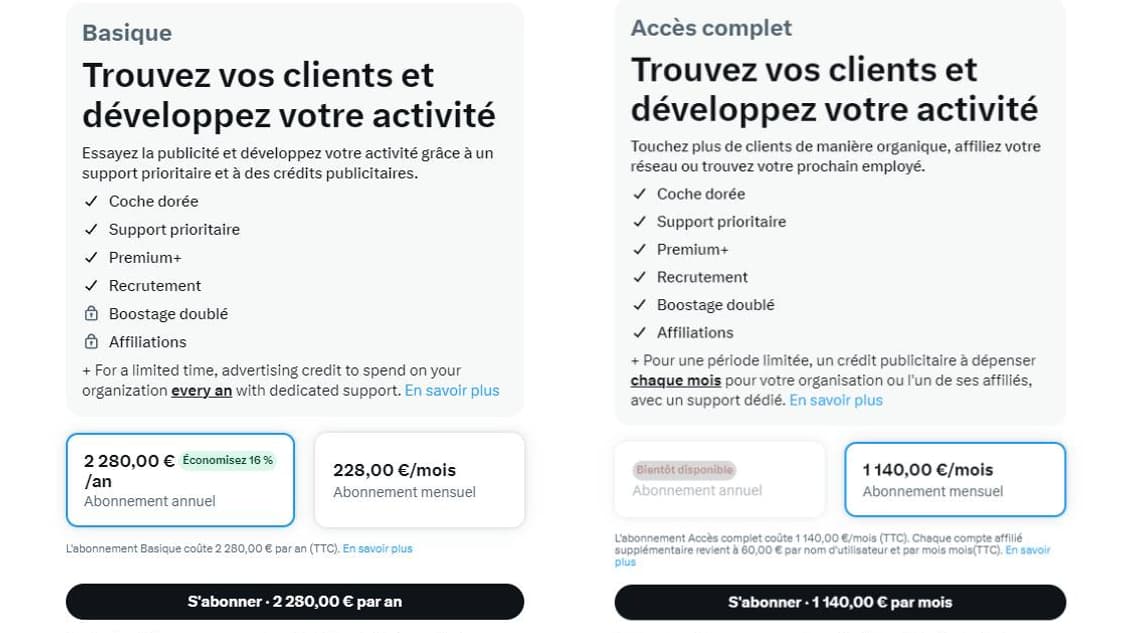 L'offre basique pour les entreprises sur X (Twitter) permet d'obtenir un badge or à moindre coût.