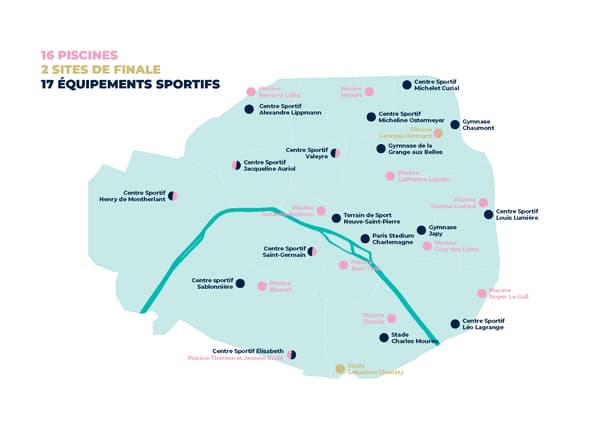 La carte des sites des olympiades d'arrondissement avant les JO de Paris 2024.