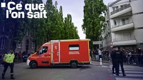 Un véhicule de premiers secours arrive au lycée Notre-Dame de Toutes-Aides après une attaque au couteau, à Nantes, le 24 avril 2025.
