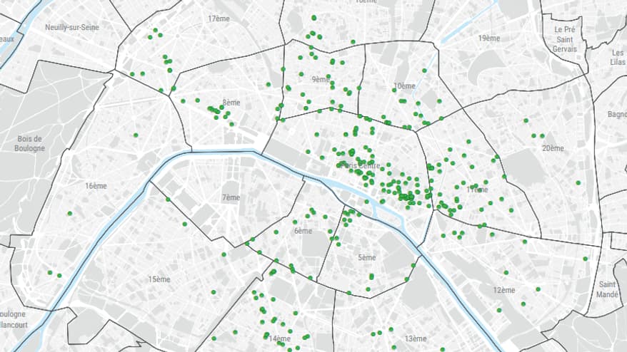 Chaque point vert représente un local avec une "façade de feuillage et fleurs en matière synthétique" en avril 2023.