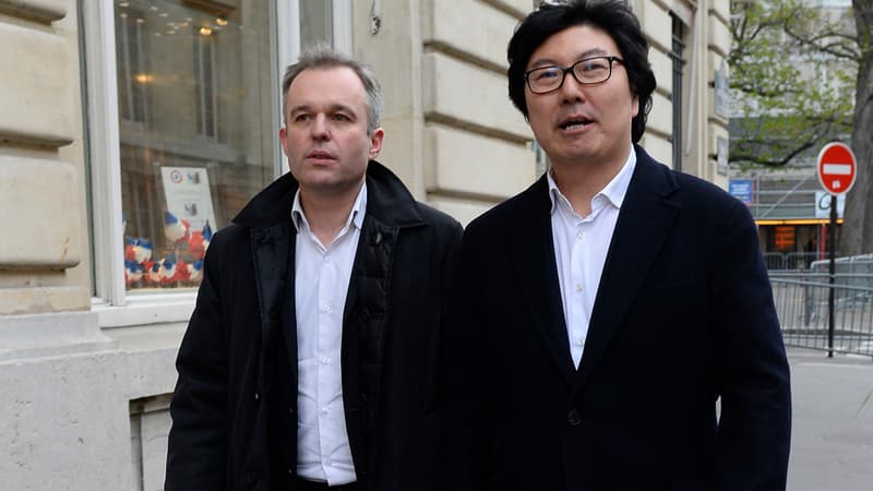François de Rugy et Jean-Vincent Placé le 4 avril 2015 en arrivant à l'Assemblée nationale.