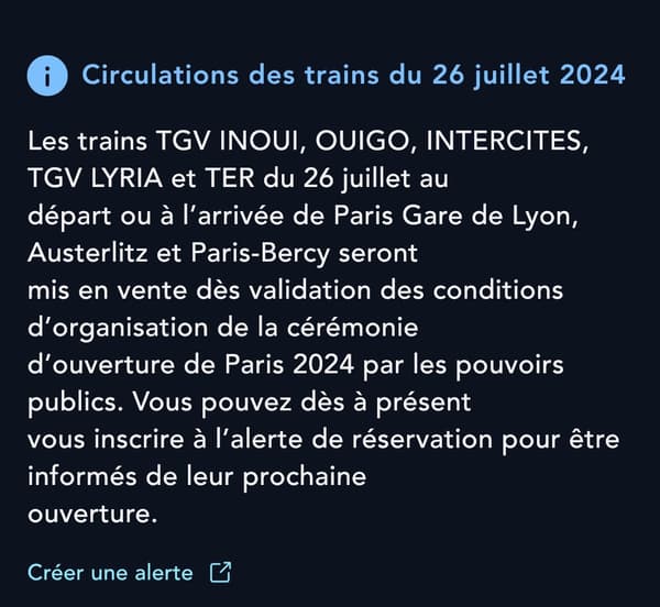 Message de SNCF Voyageurs concernant les réservations pour le 26 juillet