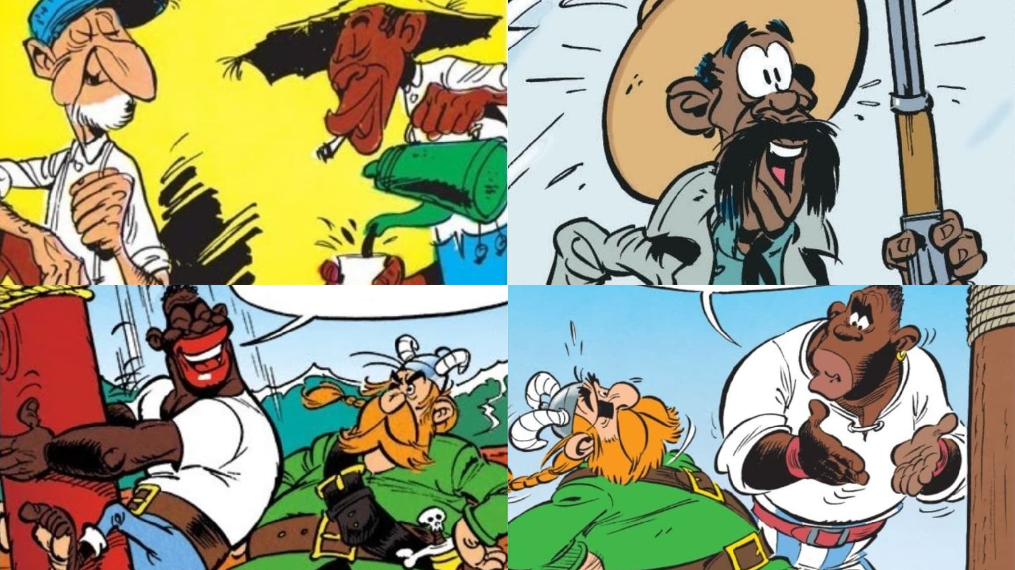 Des cases issues de "En remontant le Mississipi" de Morris et Goscinny, "Un cowboy dans le cotton" de Jul et Achdé, "La Galère d'Obélix" d'Albert Goscinny et "La Fille de Vercingétorix" de Conrad et Ferri