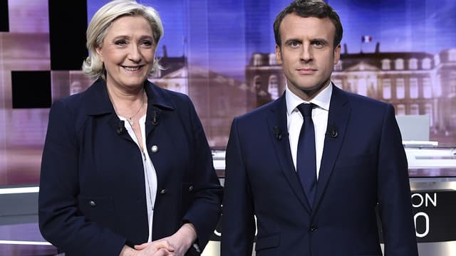 Marien Le Pen et Emmanuel Macron, sur le plateau du débat télévisé d'entre-deux-tours, mercredi 3 mai.