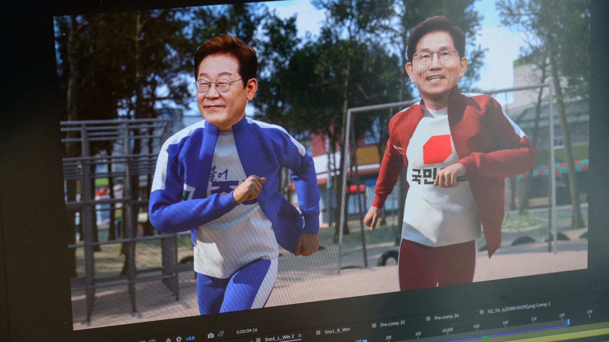 Cette photo prise le 22 mai 2025 montre des graphiques animés, réalisés par SBS à Séoul, représentant (de gauche à droite) Lee Jae-myung, le candidat à la présidence du Parti démocratique de Corée du Sud, et Kim Moon-soo, le candidat du Parti du pouvoir du peuple.  
