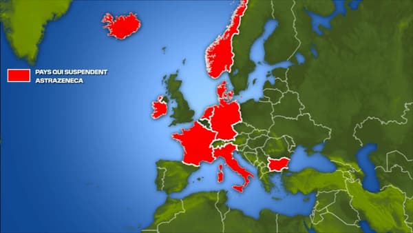 La carte des pays qui ont suspendu l'utilisation du vaccin AstraZeneca ce lundi. La carte des pays qui ont suspendu l'utilisation du vaccin AstraZeneca ce lundi.