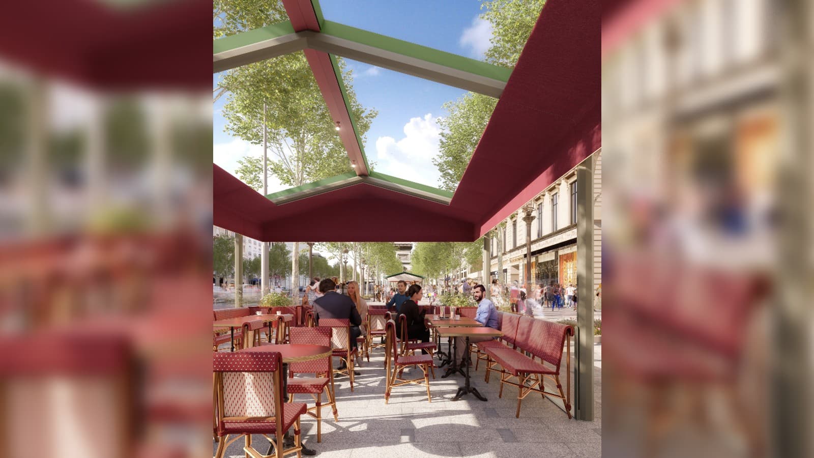 Les nouvelles terrasses des Champs-Élysées, installées à partir du printemps 2024 à Paris. Les nouvelles terrasses des Champs-Élysées, installées à partir du printemps 2024 à Paris.