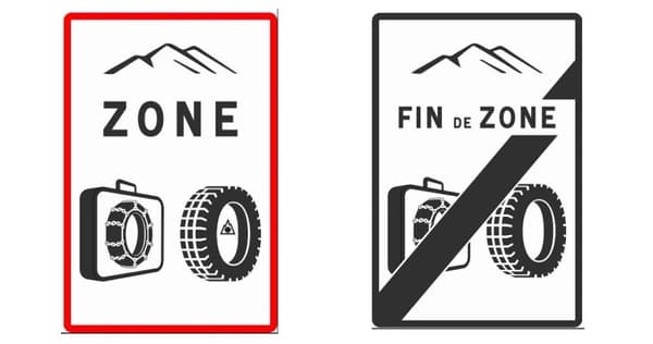 Ce panneau marque le début et la fin de la zone où les pneus hiver et dispositifs amovibles sont obligatoires, du 1er novembre au 1er mars.