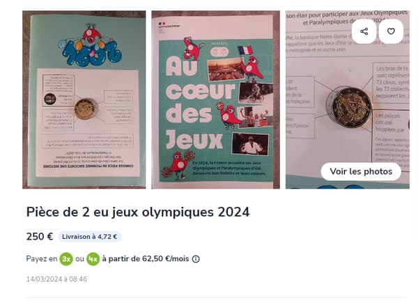 Une des pièces de deux euros des Jeux olympiques destinées aux écoliers, proposée à 250 euros sur le site de petites annonces leboncoin le 22 mars 2024. 