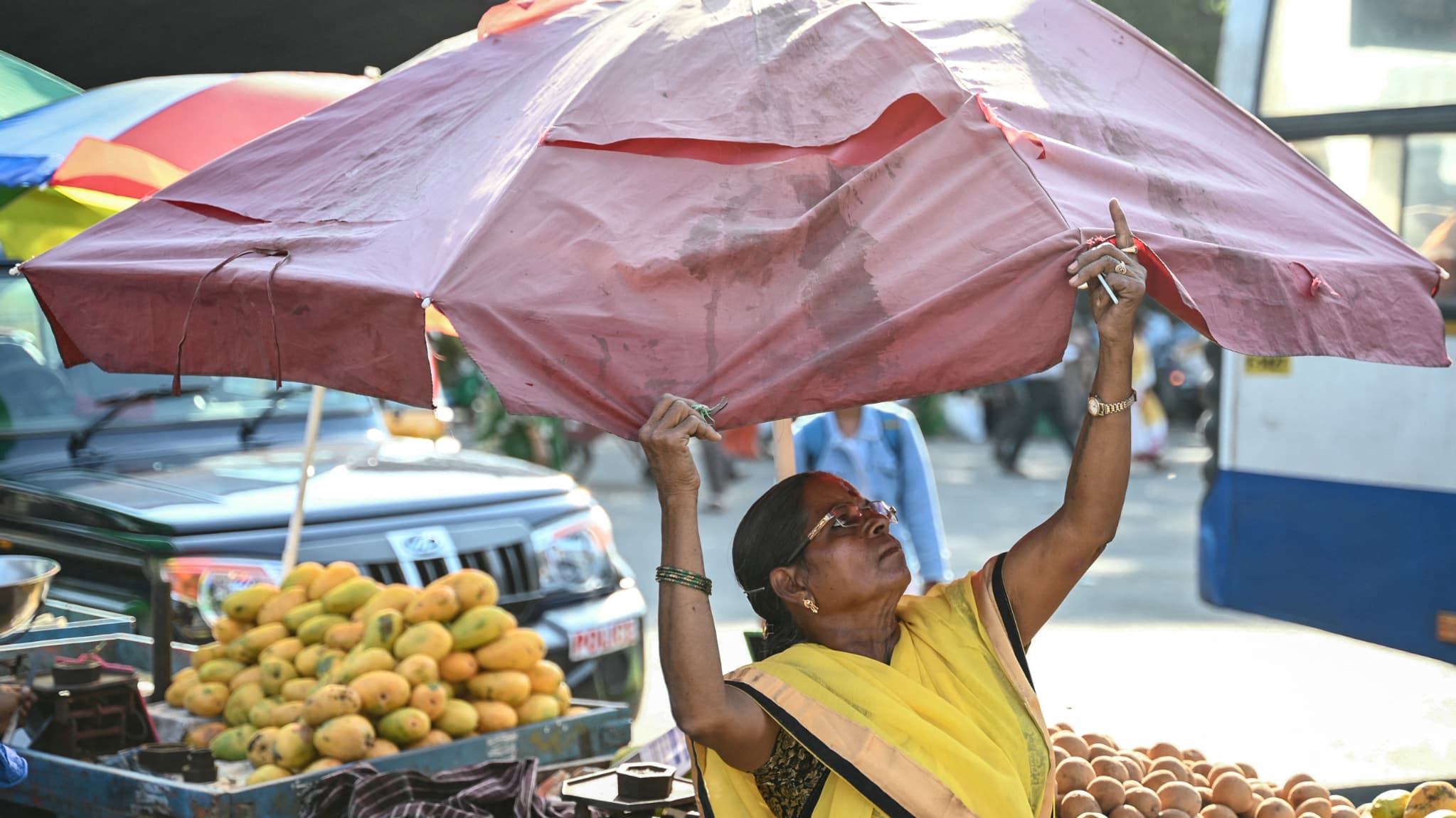 Une vendeuse installe un parapluie alors qu'elle vend des fruits par une chaude journée d'été, à Bengaluru, le 29 avril 2024.
