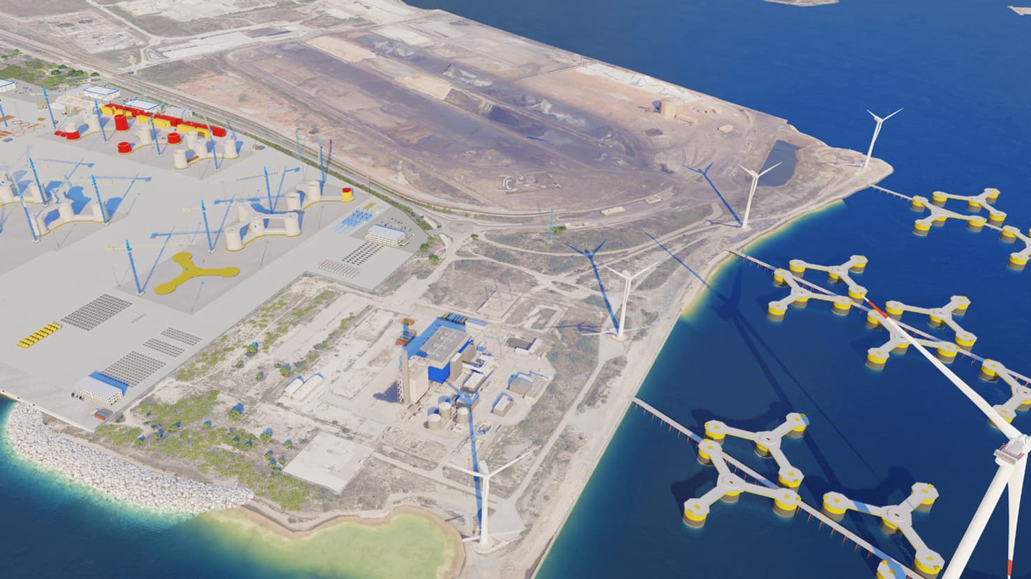 Vue aérienne du projet DEOS, une plateforme de construction et d'assemblage d'éoliennes flottantes
sur la zone industrialo-portuaire prévue pour 2028 à Fos-sur-Mer. Vue aérienne du projet DEOS, une plateforme de construction et d'assemblage d'éoliennes flottantes
sur la zone industrialo-portuaire prévue pour 2028 à Fos-sur-Mer.