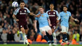 Kevin De Bruyne au duel avec Morgan Rogers lors du match Manchester City-Aston Villa (2-1, Premier League), le 22 avril 2025