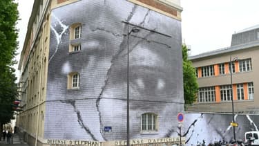 L'artiste JR et des élèves de l'école de cinéma créée par le réalisateur Ladj Ly ont réalisé dans la nuit à Paris une fresque en hommage à Adama Traoré, jeune homme noir de 24 ans décédé lors de son interpellation en 2016. Paris le 9 ju...