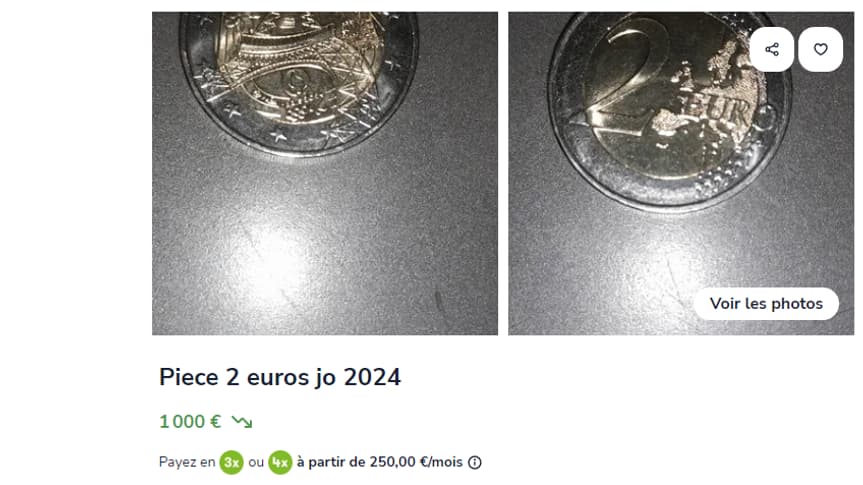 Une pièce de 2 euros des jeux olympiques 2024, destinées aux écoliers, proposée à 1.000 euros sur le site de petites annonces leboncoin, le 22 mars 2024. Une pièce de 2 euros des jeux olympiques 2024, destinées aux écoliers, proposée à 1.000 euros sur le site de petites annonces leboncoin, le 22 mars 2024.