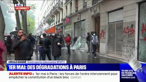 1er mai à Paris: une agence bancaire de la Société Générale dégradée