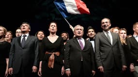 Fabienne Keller, Jean-Pierre Raffarin et Jean-François Copé, aujourd'hui soutiens d'Alain Juppé, en meeting commun avec François Fillon, ici le 5 mars 2014 à Strasbourg.