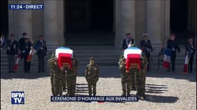 Hommage rendu aux soldats morts au Burkina Faso: le Bagad accompagne l'arrivée des cercueils aux Invalides