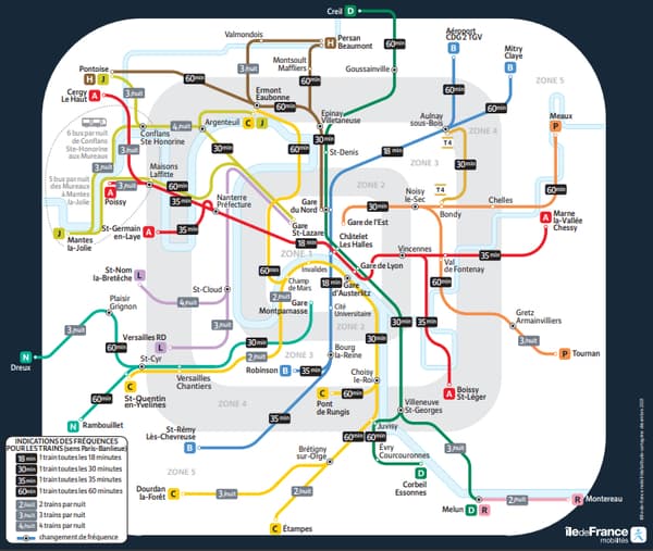 Plan des RER en service la nuit de la Fête de la Musique 2022