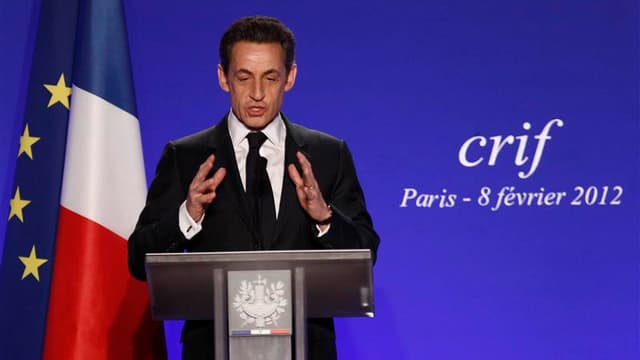 Nicolas Sarkozy lors de son discours à l'occasion du dîner annuel du Conseil représentatif des institutions juives de France (Crif). Le chef de l'Etat y a serré la main de François Hollande, à deux mois et demi de l'élection présidentielle qui devrait les