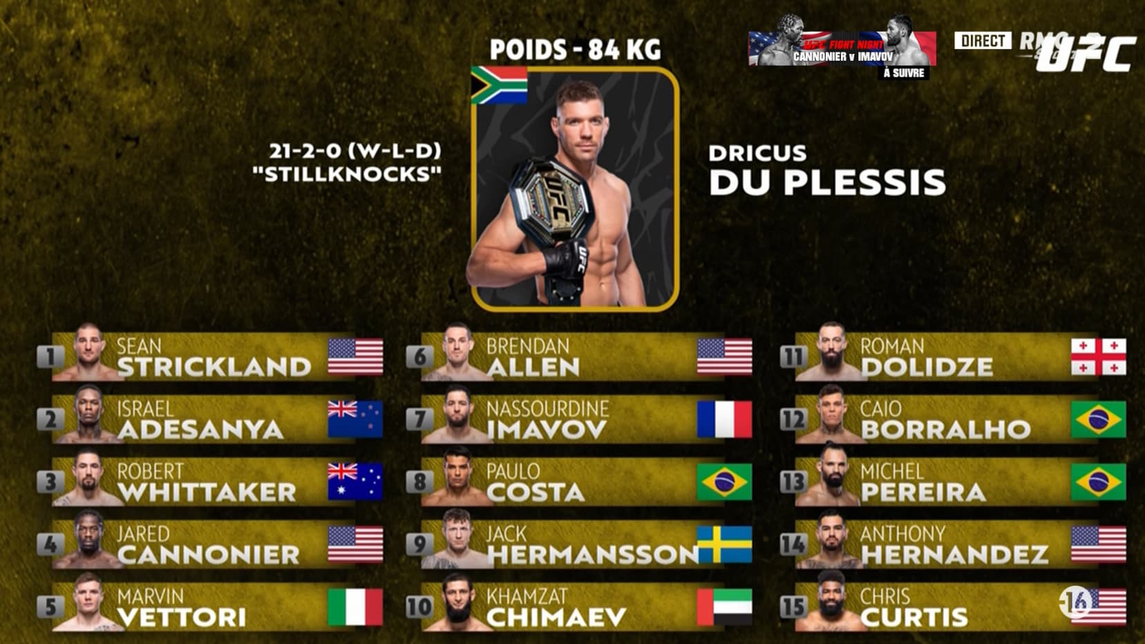Le classement des -84kg de l'UFC