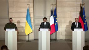 Volodymyr Zelensky, Olaf Scholz et Emmanuel Macron à l'Élysée le 8 février 2023