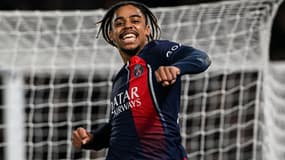 Bradley Barcola célèbre son but avec le PSG face à la Real Sociedad en Ligue des champions, le 14 février 2024