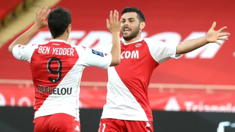 Kevin Volland et Wissam Ben Yedder pendant la rencontre entre Monaco et Nimes lors de la saison 2020/2021 de Ligue 1 le 29 novembre 2020 au Stade Louis II