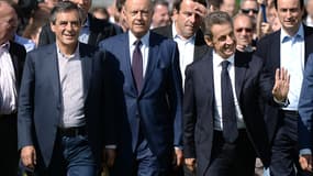 François Fillon, Alain Juppé et Nicolas Sarkozy à l'université d'été des Républicains le 5 septembre, à La Baule.