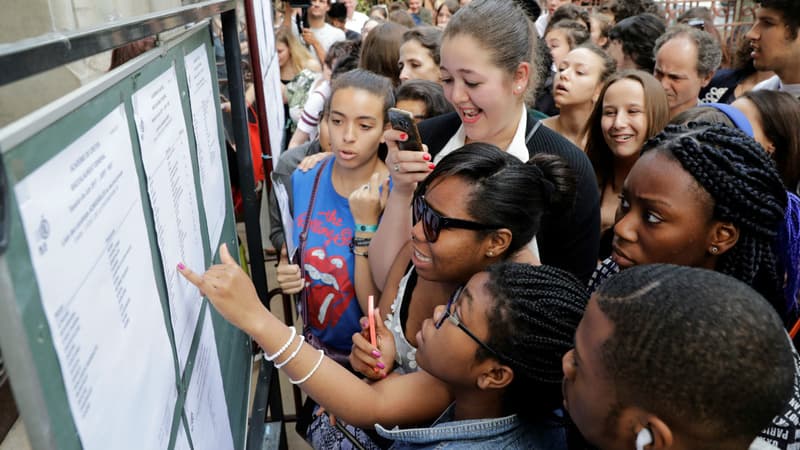 Des élèves de terminale découvrent les résultats du baccalauréat devant un établissement parisien, le 5 juillet 2017