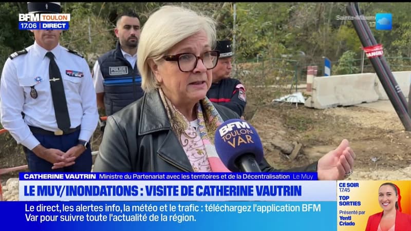 Le Muy: la ministre Catherine Vautrin en visite après les inondations et l'effondrement du pont