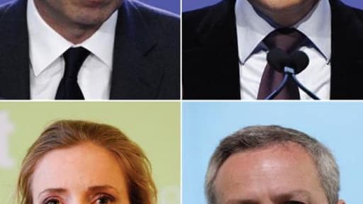 Jean-François Copé, François Fillon, Nathalie Kosciusko-Morizet et Bruno Le Maire, candidats déclarés à la présidence de l'UMP ont accepté de débattre sur le plateau de l'émission "Des paroles et des Actes" de France 2. /Photos d'archives/REUTERS