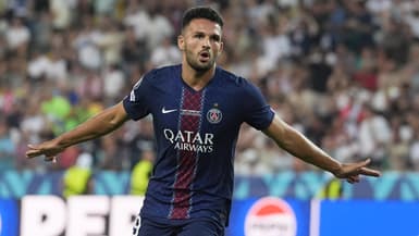 Gonçalo Ramos après son but de l'égalisation avec le PSG en Supercoupe d'Europe, le 13 août 2025.