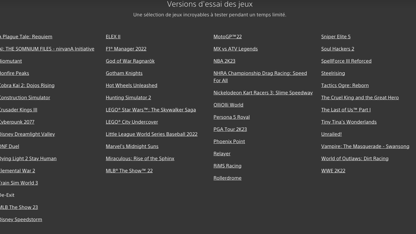 La liste des jeux en version d'essai avec le PlayStation Plus Premium La liste des jeux en version d'essai avec le PlayStation Plus Premium