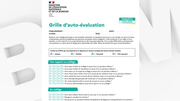 Première page du questionnaire distribué aux collégiens français du 9 au 15 novembre 2023.