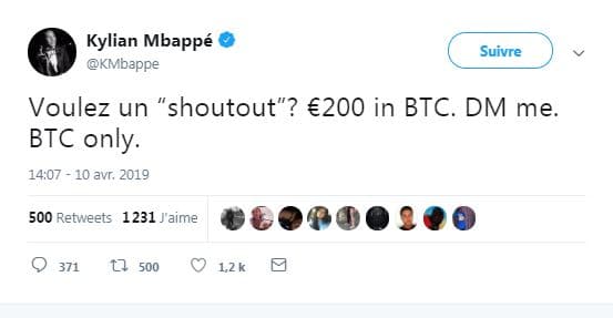 Un tweet du compte du footballeur invitait à verser 200 euros en bitcoins.