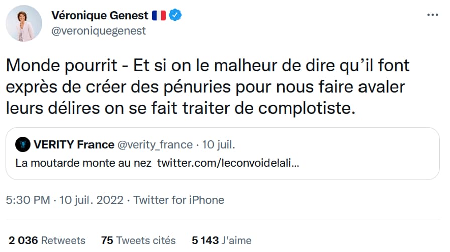 La publication de Véronique Genest sur Twitter