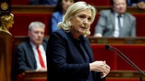 Marine Le Pen, présidente du groupe parlementaire du Rassemblement national, le 18 février 2023 à l'Assemblée nationale.