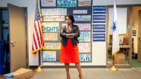 La candidate démocrate à la Chambre des représentants, Ayanna Pressley, le 28 septembre 2018 à Dorchester, dans lme Massachusetts