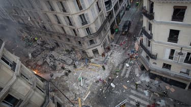 Les lieux de l'explosion rue de Trévise, samedi 12 janvier 2019 dans le 9e arrondissement de Paris, probablement dûe à une fuite de gaz.