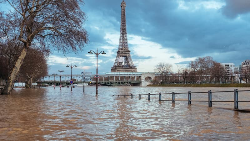 La Tour Eiffel surplombe la Seine en crue à Paris le 26 janvier 2018