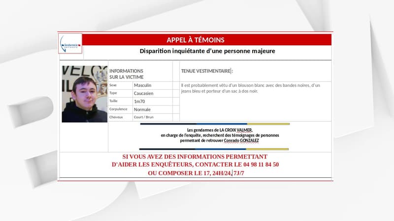 Les gendarmes de la Croix-Valmer sont à la recherche de témoignages de personnes afin de retrouver Conrado Gonzalez.