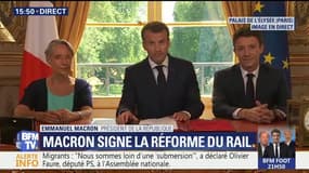 Signature de la réforme du rail: "Par cette loi, le gouvernement prend ses responsabilités pour faire ce qui était évité depuis tant de décennies", déclare Macron