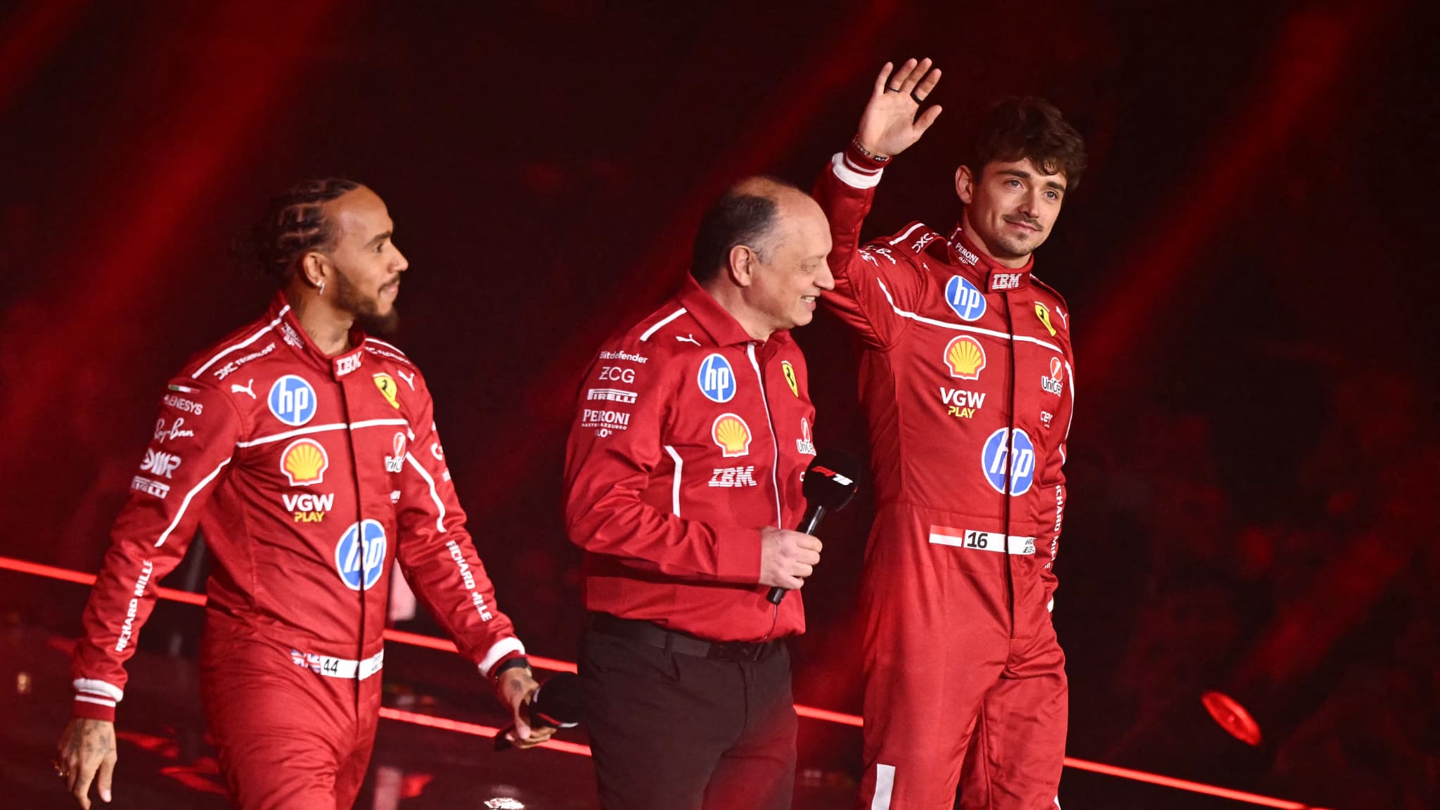 Lewis Hamilton, Frederic Vasseur, Charles Leclerc Lewis Hamilton, Frederic Vasseur, Charles Leclerc