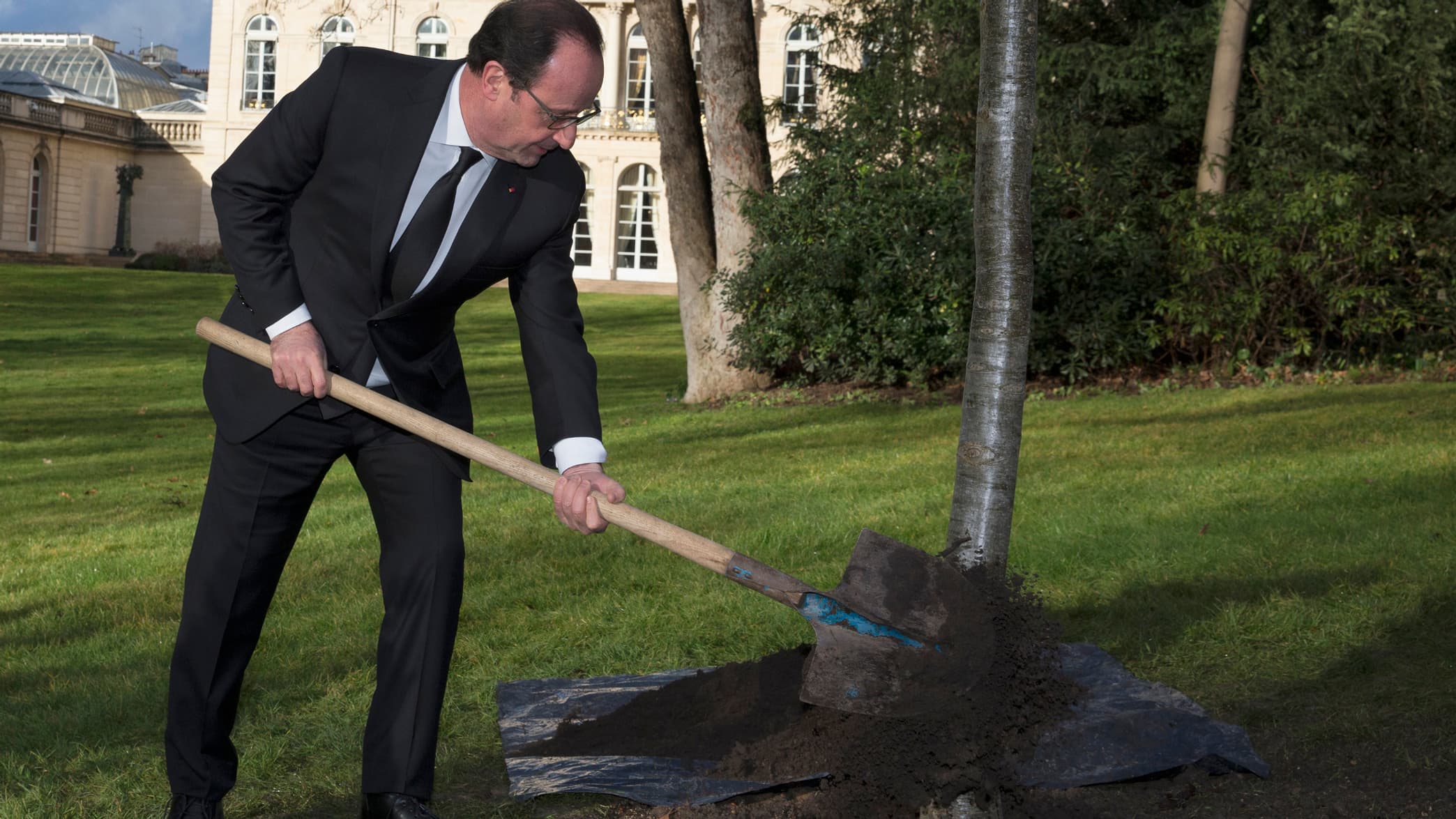 François Hollande plante un chêne à l'Elysée, le 21 février. François Hollande plante un chêne à l'Elysée, le 21 février.